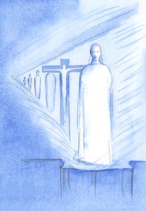 Możemy spotkać Chrystusa w Najświętszym Sakramencie na ołtarzu; w Jego Osobie i Jego Obecności możemy dotknąć każdego etapu życia Chrystusa, 2001 (w/c na papierze) autorstwa Elizabeth Wang