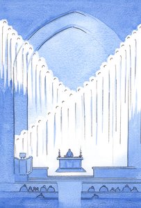 Dobrze pozdrawiamy Świętych Aniołów, którzy czuwając, modląc się, wypełniają Święte miejsce, które jest naszym sanktuarium, 2002 (w/c na papierze) autorstwa Elizabeth Wang