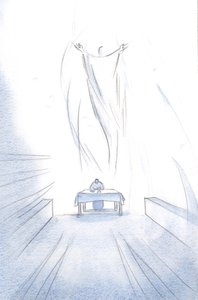 Jaką ucztą jest Ofiara Samego Siebie Chrystusa na Ołtarzu; Jego Aniołowie radują się chwałą Zmartwychwstałego Pana., 2001 (w/c na papierze) autorstwa Elizabeth Wang
