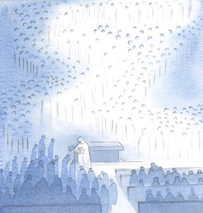 Jaki pokój daje Chrystus w Komunii, z wielkim towarzystwem aniołów i świętych zebranych tu w radości, 2000 (w/c na papierze) autorstwa Elizabeth Wang