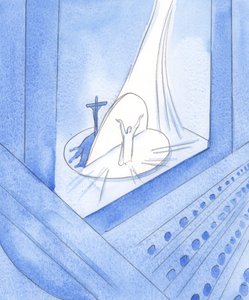 Kiedy Chrystus jest Realnie Obecny przed nami, w Świętej Ofierze, jesteśmy obecni w całym Jego życiu, które jest „w” Nim teraz, 2002 (w/c na papierze) autorstwa Elizabeth Wang