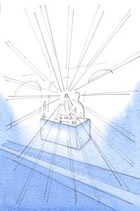 Kiedy witałem Chrystusa z miłością, ujrzałem olśniewające światło wokół Hostii Świętej: Światło Chrystusa, 2003 (w/c na papierze) autorstwa Elizabeth Wang
