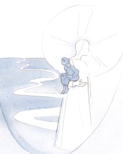 Kiedy polegam na Chrystusie, w cichej modlitwie, jestem jak małe dziecko niesione w Jego witalności i radości., 2000 (w/c na papierze) autorstwa Elizabeth Wang