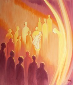 Gdy dziecko otrzymuje Życie Boże na chrzcie, jego Anioł Stróż napełnia się radością, 2000 (olej na pokładzie) autorstwa Elizabeth Wang