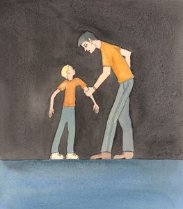 Kiedy człowiek żyje tylko po to, by zaspokoić swoje zachcianki, a nawet traktuje dziecko z okrucieństwem, potrzebuje cudu łaski, jeśli ma się zmienić i pewnego dnia być gotowym na Niebo, a nie Piekło - by żyć wśród Świętych i Aniołów, 2005 (akwarela na pap autorstwa Elizabeth Wang