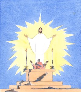 Kiedy ksiądz popełnia ciężki grzech i nie żałuje za niego, to tak jakby brudził wszystko, czego dotknie, wykonując swoje obowiązki, 2005 (akwarela na papierze) autorstwa Elizabeth Wang
