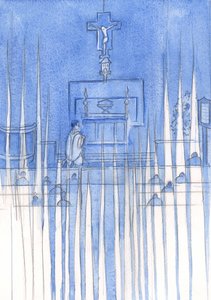Kiedy wierni ludzie odmawiają Różaniec Święty, Święci Aniołowie otaczają ich i czuwają w pełnej czci ciszy, 2002 (w/c na papierze) autorstwa Elizabeth Wang