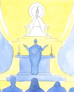 Kiedy ksiądz i wszyscy ludzie zwracają się w tym samym kierunku na Mszy, wszyscy patrzą razem, w kierunku Ojca, aby Go chwalić przez Chrystusa., 2004 (w/c na papierze) autorstwa Elizabeth Wang