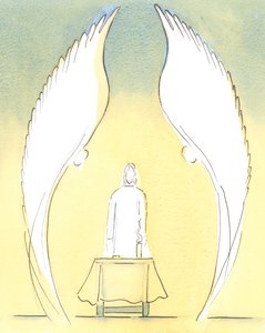 Kiedy Najświętszy Sakrament jest przynoszony do domu chorego, to naprawdę Chrystus jest tam Sakramentalnie Obecny, strzeżony jak zawsze przez Aniołów, którzy Go kochają i adorują., 2004 (w/c na papierze) autorstwa Elizabeth Wang