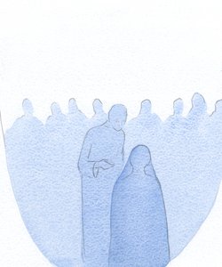 Kiedy Dzieciątko Jezus zostało znalezione w Świątyni, pochylił się do przodu, cicho wyjaśniając Swojej Świętej Matce (z nieskończoną życzliwością), że Jego dzieło już się rozpoczęło., 2001 (w/c na papierze) autorstwa Elizabeth Wang