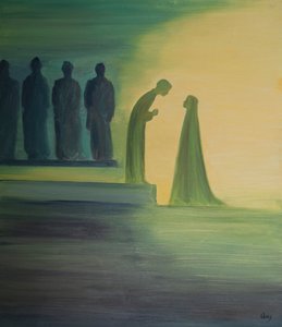 Kiedy Dzieciątko Jezus zostało odnalezione w Świątyni, pochylił się do przodu, cicho wyjaśniając Swojej Świętej Matce (z nieskończoną życzliwością), że Jego dzieło już się rozpoczęło., 2001 (olej na pokładzie) autorstwa Elizabeth Wang