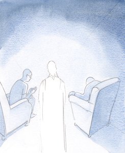 Kiedy dwóch lub trzech jest zebranych, aby modlić się w imię Jezusa, jest on między nimi, 2000 (w/c na papierze) autorstwa Elizabeth Wang