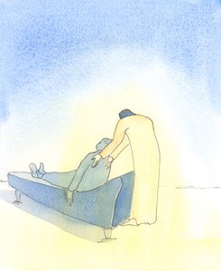 Kiedy jesteśmy chorzy, a Chrystus przychodzi do nas w Komunii Świętej, to tak, jakby nalegał, aby pomóc nam położyć się na kanapie, 2003 (w/c na papierze) autorstwa Elizabeth Wang