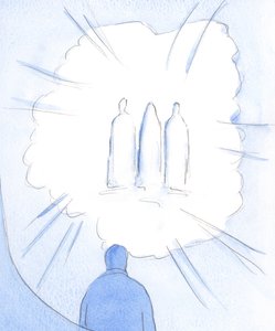 Kiedy patrzymy „w” Boga w modlitwie, znajdujemy świętych; a kiedy patrzymy na świętych, tym samym „sięgamy” do Boga, 2002 (w/c na papierze) autorstwa Elizabeth Wang
