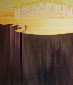 Ilekroć naprawdę żałujemy, jesteśmy jak nowe dziecko wyłaniające się z otchłani ciemności do Królestwa Bożego, 2001 (olej na pokładzie) autorstwa Elizabeth Wang