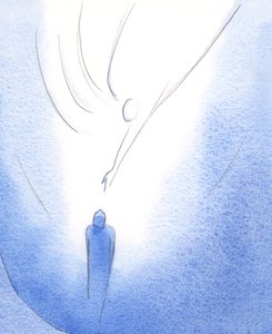 W płaszczu Matki Bożej radosna dusza jest karmiona przez Chrystusa, oświecona Jego Duchem i zachęcana, aby spojrzeć w górę na Ojca, 2002 (w/c na papierze) autorstwa Elizabeth Wang