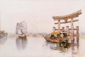 Brama Torii przy wejściu do świątyni Itsukushima, Miyajima, Japonia (akwarela na papierze)