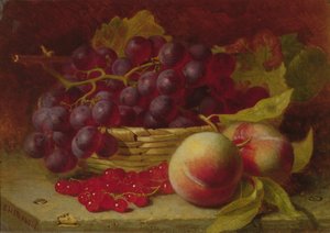 Martwa natura z czerwonych porzeczek, brzoskwiń i winogron w koszu (olej)