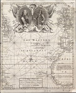 Nowa mapa lub wykres zachodniego lub atlantyckiego oceanu z częścią Europy, Afryki i Ameryki: pokazujący kurs galeonów do i z Indii Zachodnich