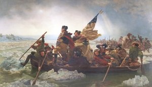 Waszyngton przekraczający Delaware; Boże Narodzenie 1776; koniec XIX wieku (oleograf) autorstwa Emanuel Gottlieb after Leutze