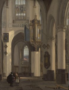 Wnętrze protestanckiego kościoła gotyckiego z motywami z Oude i Nieuwe Kerk w Amsterdamie autorstwa Emanuel de Witte