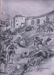 Aschaffenberg 2. Bawarski Batalion Myśliwych w Lagarde sierpień 1914, z Ilustrowanej Historii Wojny Światowej 1914-1915 wyd. przez Union Berlagsefellfchaft autorstwa Emil (after) Limmer