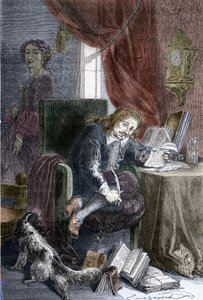 Portret francuskiego pisarza Paula Scarrona (1610-1660), autora komedii burleskowych, jest on przedstawiony na krześle dla niepełnosprawnych, jego żona Francoise d