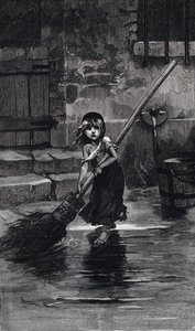 Scena z Les Miserables, autorstwa Victora Hugo: Cosette zamiatająca (rycina)