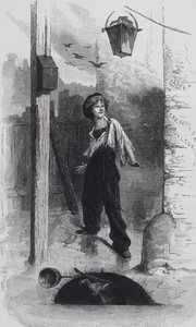 Scena z Les Miserables, autorstwa Victora Hugo: Gavroche (rycina)
