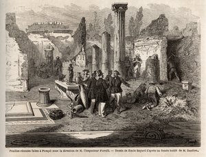 Wykopaliska w Pompejach, pod kierunkiem inspektora Fiorelli, ilustracja z „Pompei et les Pompeiens”, autorstwa Edouarda Chartona