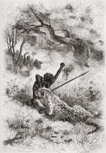 Lampart atakujący Afrykanina, ilustracja ze „Świata w rękach”, sztychowana przez Henri Theophile Hildibrand (1824-97), opublikowana w 1878 r. autorstwa Emile Antoine Bayard