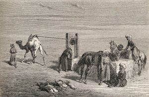 Studnia na pustyni między Samarkandą i Karshi w Uzbekistanie, ilustracja ze „Świata w rękach”, rytowana przez Charlesa Laplante (zm. 1903), opublikowana w 1878 r. autorstwa Emile Antoine Bayard