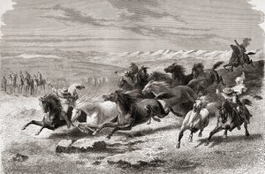 Argentyńscy gauchowie zaganiający dzikie konie, ilustracja ze „Świata w rękach”, sztychowana przez Charlesa Laplante (zm. 1903), opublikowana w 1878 r. autorstwa Emile Antoine Bayard