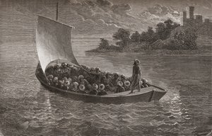 Arminio Vambery i jego towarzysze żeglujący po Morzu Kaspijskim w 1863 r., ilustracja ze „Świata w rękach”, sztychowanej przez Gaucharda, opublikowana w 1878 r. autorstwa Emile Antoine Bayard