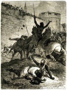 Krucjata przeciwko Albigeois - Oblężenie Tuluzy, 25 czerwca 1218. Brat Szymona de Montfort został właśnie ranny strzałą, a sam Szymon de Montfort ma zostać zabity kulą rzutów katapultą, podobno przez jedną z kobiet z Tuluzy, który jest autorstwa Emile Antoine Bayard