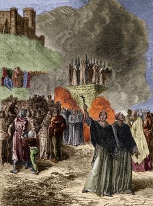 Krucjata przeciwko Albigeois - Ostatni obrońcy Montsegur (Cathare) spalili się na rzeźniku w 1244 - Grawerowanie Emile