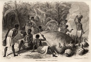 Degustacja pombe (napoju alkoholowego przez fermentację), w Karague (na zachód od Jeziora Wiktorii, w dzisiejszym Zimbabwe), rysunek Emile