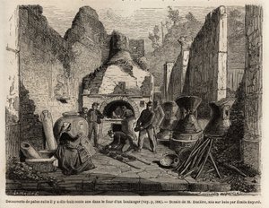 Odkryty przez piec piekarniczy i zakonserwowany chleb w popiele podczas wykopalisk w 1864 r. w Pompejach, rysunek Emile Bayard (1837-1891), ilustrujący tekst Marca Monniera (1829-1885) „Pompeje i Pompejanie”. Grawerowanie w „”Le tour du monde””, pod redakc autorstwa Emile Antoine Bayard