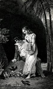 Rycina ilustrująca wydanie z końca XIX wieku powieści Jacquesa-Henri Bernardina de Saint-Pierre (Jacques Henri Bernardin de Saint-Pierre): Paul et Virginie. Ptaki lądują bez strachu w pobliżu młodej pary zakochanych w lesie. Rysunek b autorstwa Emile Antoine Bayard
