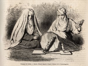 Femmes de Boukhara (Uzbekistan), pracujące nad swoją pracą do przędzenia, grawerowania według rysunku Emile