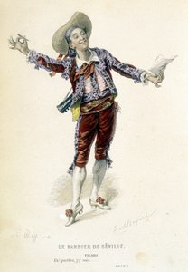 Figaro w „Cyruliku sewilskim” w „Oeuvres dopełnia de Beaumarchais”, wyd. Laplace Sanchez & cie, Paryż autorstwa Emile Antoine Bayard