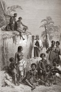 Hawajski król Kamehameha I i jego wojownicy, ilustracja z „Świata w rękach”, opublikowana w 1878 r. (rycina) autorstwa Emile Antoine Bayard