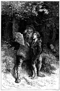 Ilustracja autorstwa Emile Bayard do powieści Hectora Malota "Sans Famille": Remi śpiewa z Monsieur Vitalisem, wędrownym artystą - muzykiem ulicznym, saltimbank - Edition Hetzel 1880 -. autorstwa Emile Antoine Bayard
