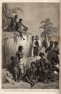Kamehameha I (ok. 1758-1819), król Wysp Hawajskich i założyciel ich jednostki, otoczył hawajskich wojowników i niektórych poddanych w Honolulu, rycina wg rysunku Emila Bayarda, ilustrująca wyprawę na Wyspy Sandwich, w latach 1855-69 , przez C autorstwa Emile Antoine Bayard