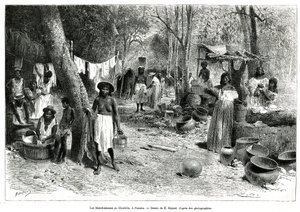 Les blanchisseuses au Chorillo, Panama, rycina wg rysunku E.Bayarda, dla zilustrowania opowiadania Eksploracja przesmyków Panamy i Darien przez A. Reclusa, porucznika statku, 1876-1878, opublikowana w tour du monde, pod kierownictwem autorstwa Emile Antoine Bayard