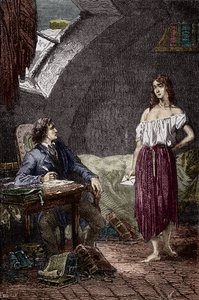 Marius i Eponine, starsza córka Thenardierów i zakochana w Mariusie Ilustracja do powieści „Les Miserables” Victora Hugo (1802-1885) Ilustracja Emile Bayard - (Eponine Thenardier (dziewczyna Jondrette) i Marius) Grawerowanie Zbiory prywatne