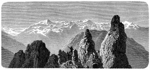 Szczyt górski o nazwie Pierre a Voir w pobliżu łaźni saskich w Wallis w Alpach Szwajcarskich. Ilustracja Emile Bayarda do książki Alberta Dupaigne „Les Montagnes”, wydanie Mame 1881. autorstwa Emile Antoine Bayard