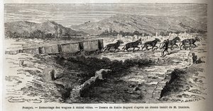 Ponowny montaż pustych wagonów podczas wykopalisk w 1864 r. w Pompejach, rys. Emile Bayard (1837-1891), dla zilustrowania tekstu Marca Monniera (1829-1885) „Pompeje i Pompejanie”. Grawerowanie w „”Le tour du monde””, pod redakcją Edouarda Chartona autorstwa Emile Antoine Bayard