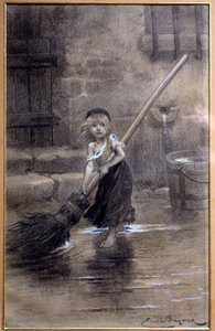 Reprezentacja Cosette, zamiatająca boso. Ilustracja do „Nędzników” Victora Hugo (1802-1885) autorstwa Emile Bayard (1837-1891) XIX wiek. Paryż, Maison Victor Hugo