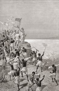 Stanley i jego pierwsza obserwacja Tanganiki w Afryce Wschodniej w 1872 r., ilustracja ze „Świata w dłoniach”, opublikowana w 1878 r. autorstwa Emile Antoine Bayard